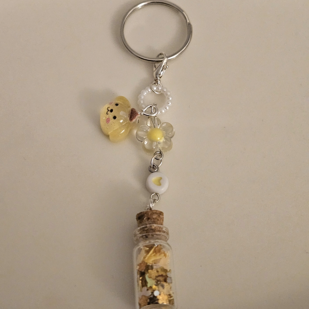 Handmade Yellow Charm Keyring with Mini Glass Bottle Pendant